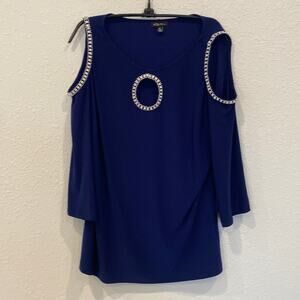 S. Levine Blue Cold Shoulder Keyhole Embellished Rhinestone Knit Top EUC Sz XL